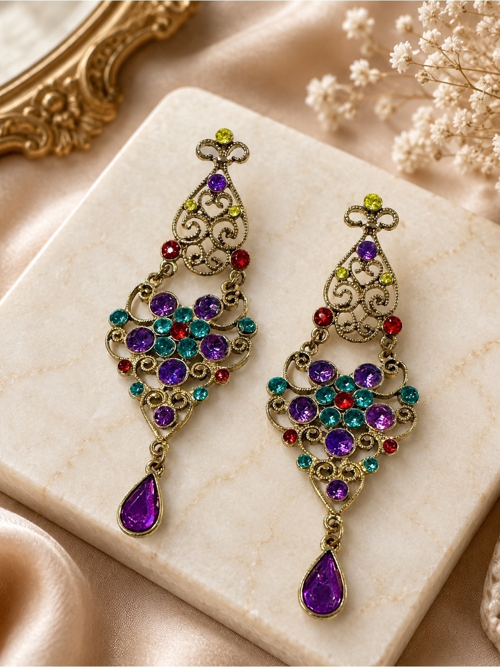 Gold Tone Filigree Chandelier Earrings Purple Teal Rhinestones Boho Statement